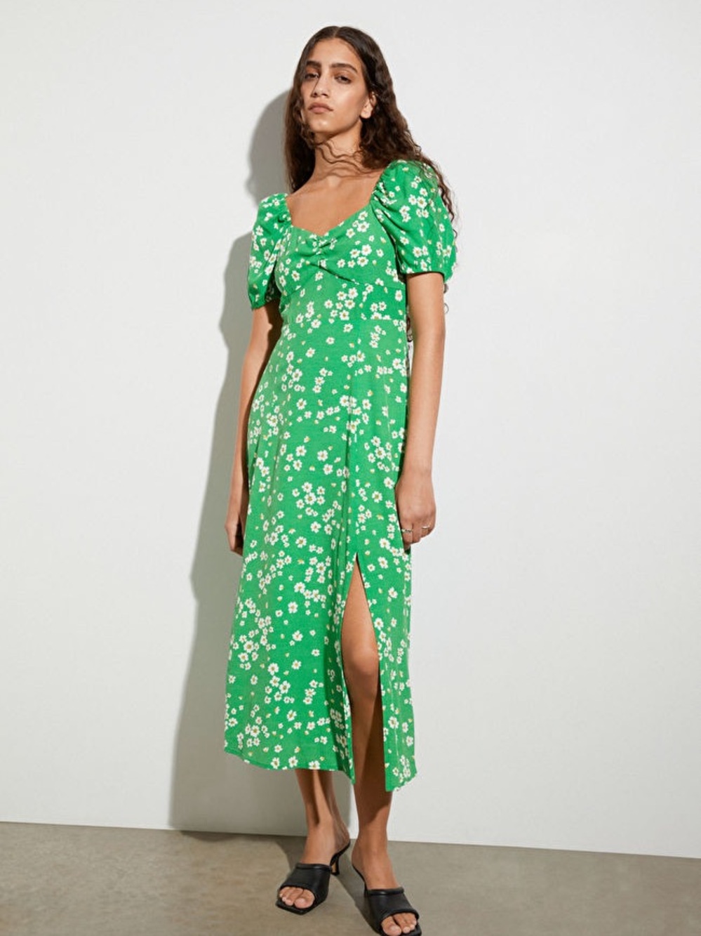 And Other Stories Green Floral Midi Dress with Puff Sleeves